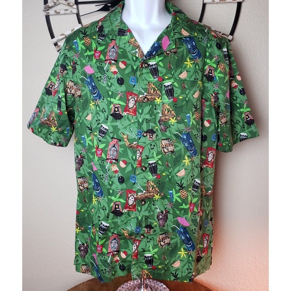 2021 Disney Parks Sz Small Trader Sams Tiki Room Hawaiian Shirt Green NWT